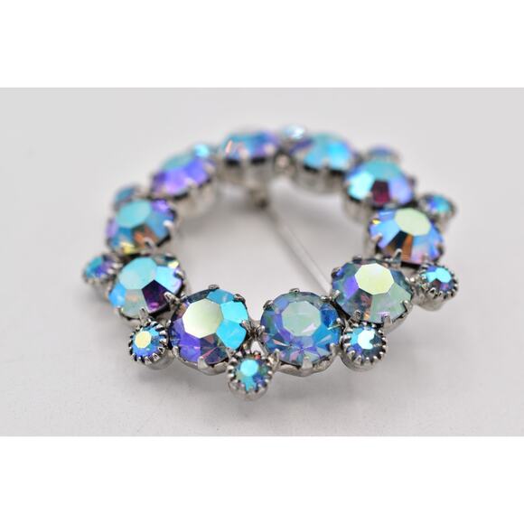 Vintage Crystal Pin Brooch Prong Rhinestone AB Blue Retro Round 1950s Glam BinBP - Picture 6 of 12